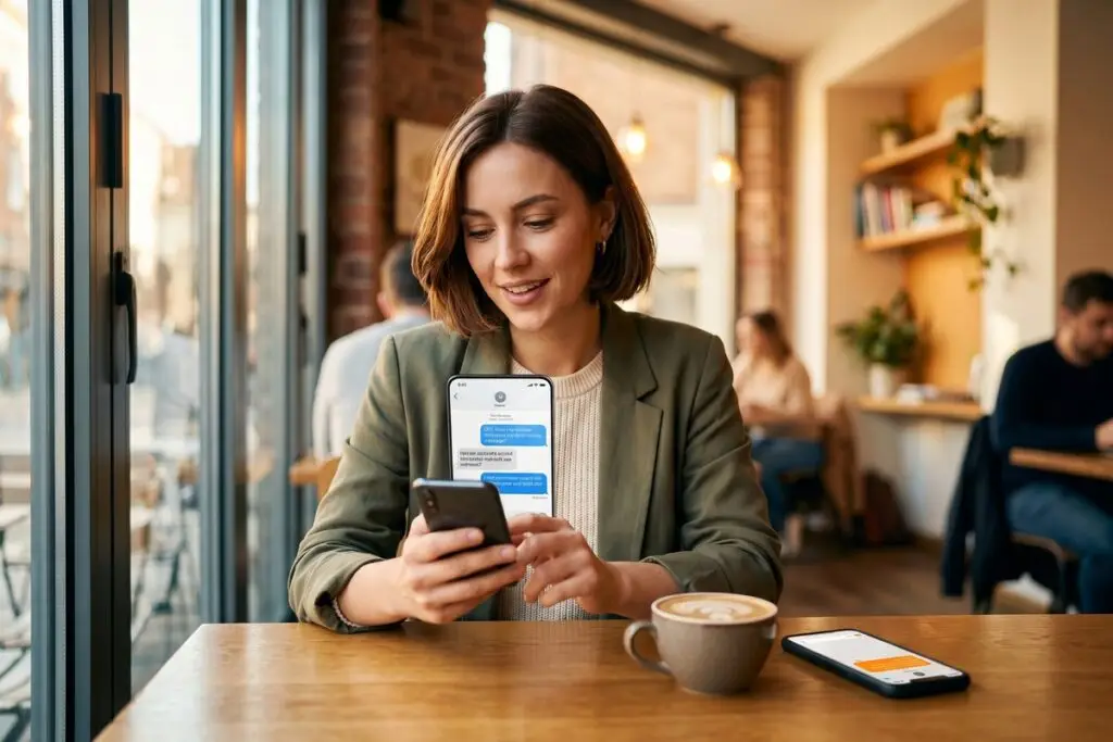 Side-by-side comparison of SMS and in-app messaging on a smartphone screen showing customer engagement metrics