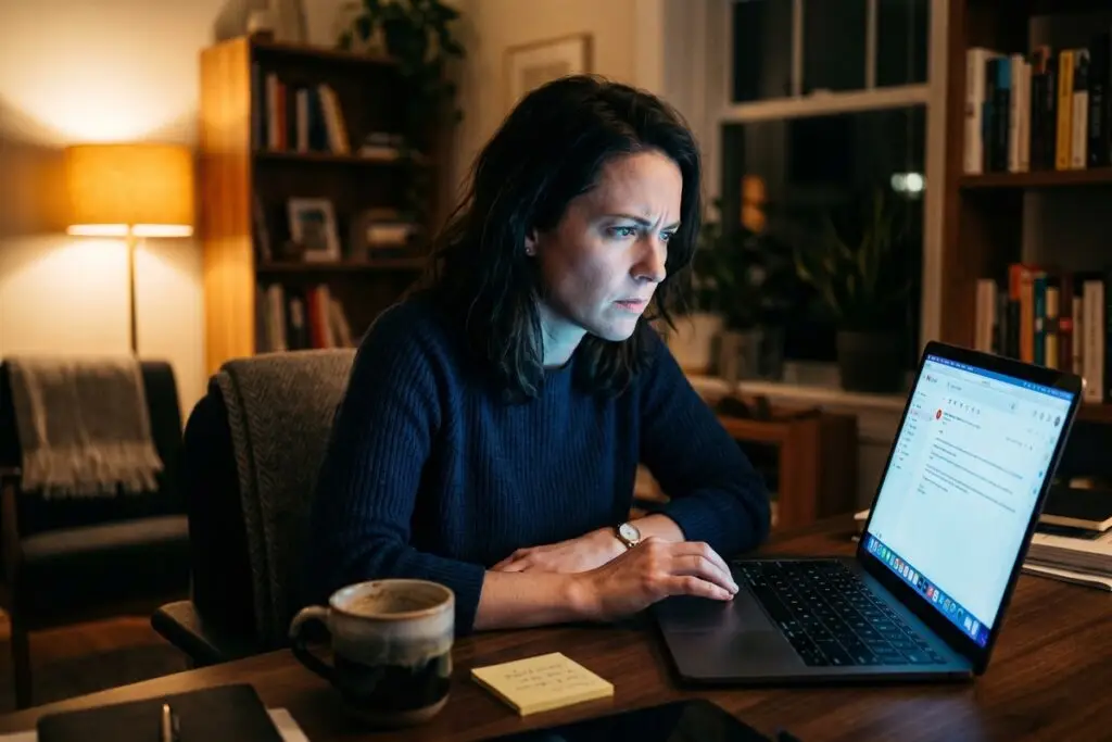 Cybersecurity professional analyzing social engineering attack detection warning signs on a computer screen