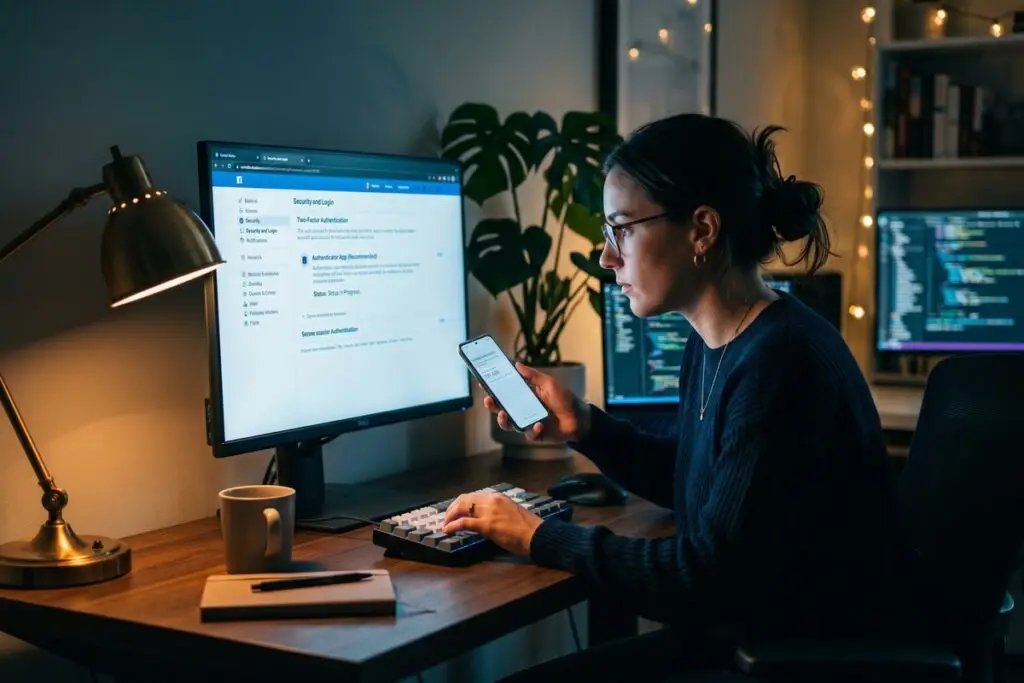 Security expert reviewing social media account security techniques on a laptop with lock icons