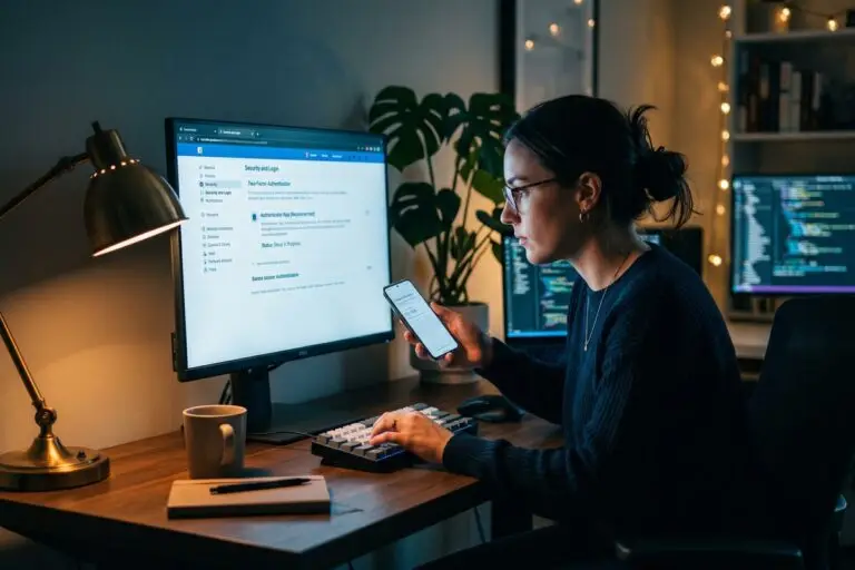 Security expert reviewing social media account security techniques on a laptop with lock icons