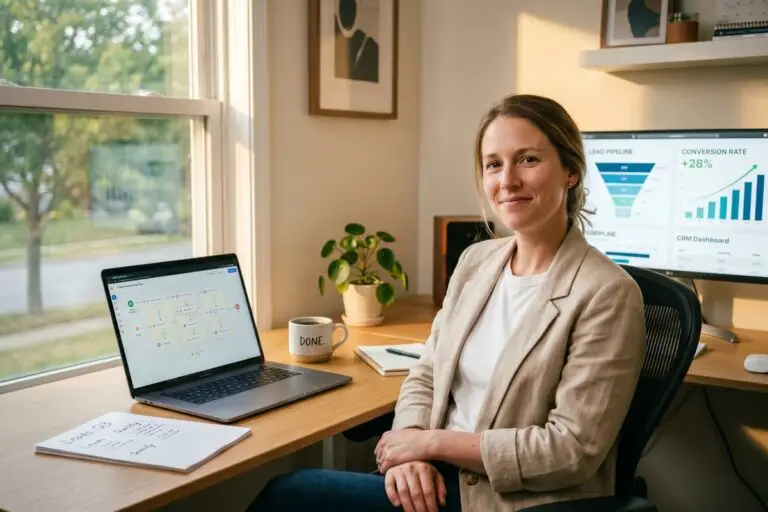 Solo consultant automating their lead pipeline using AI tools on a laptop