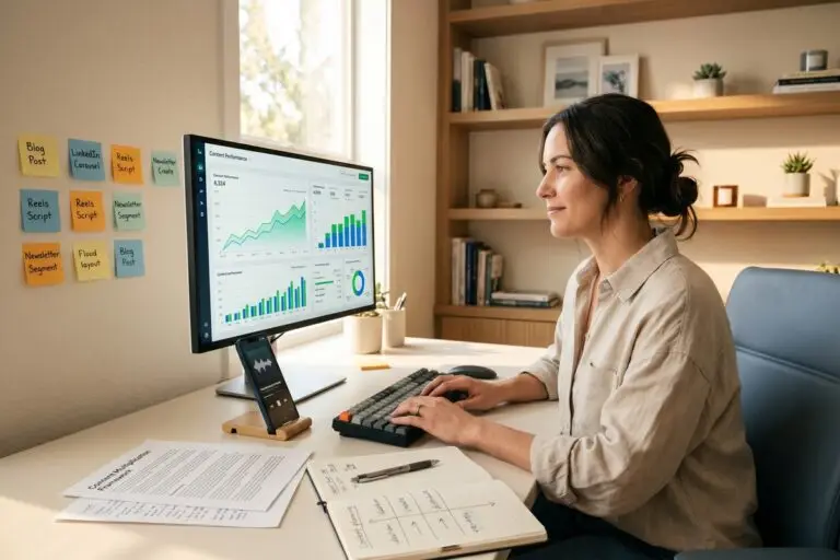 Solo consultant reviewing content repurposing strategy to generate more inbound leads on a laptop