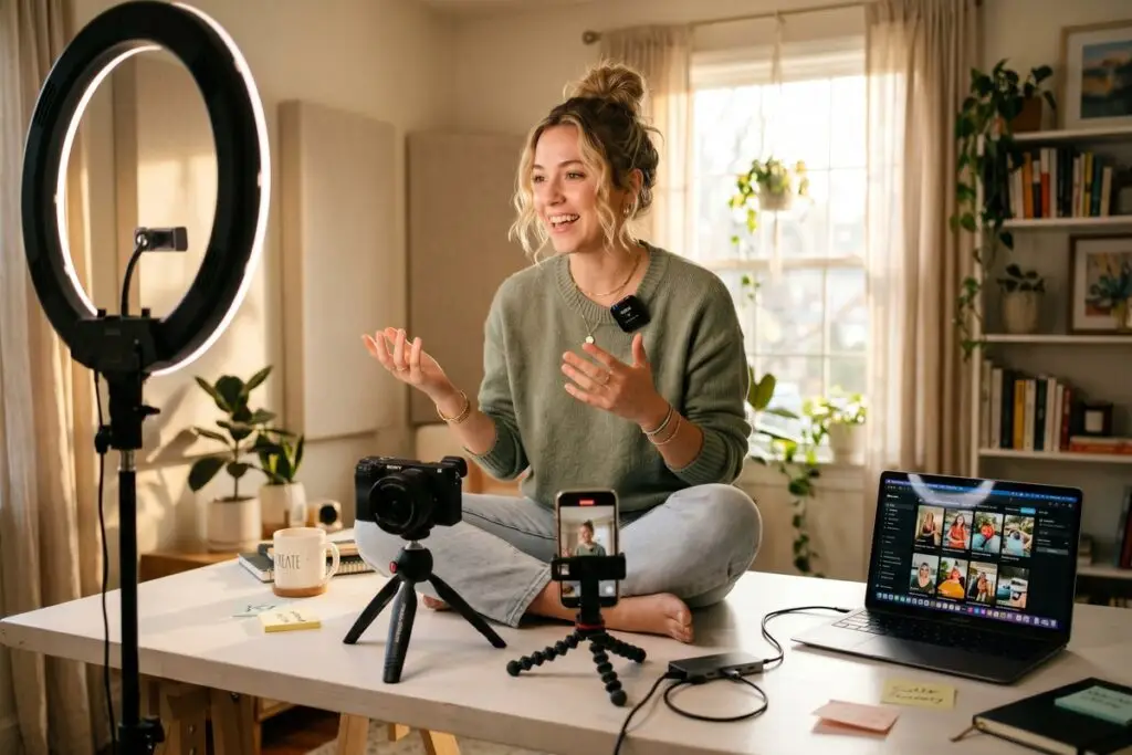 Solo creator reviewing repurposed content strategy on laptop to grow digital reach to 50K followers