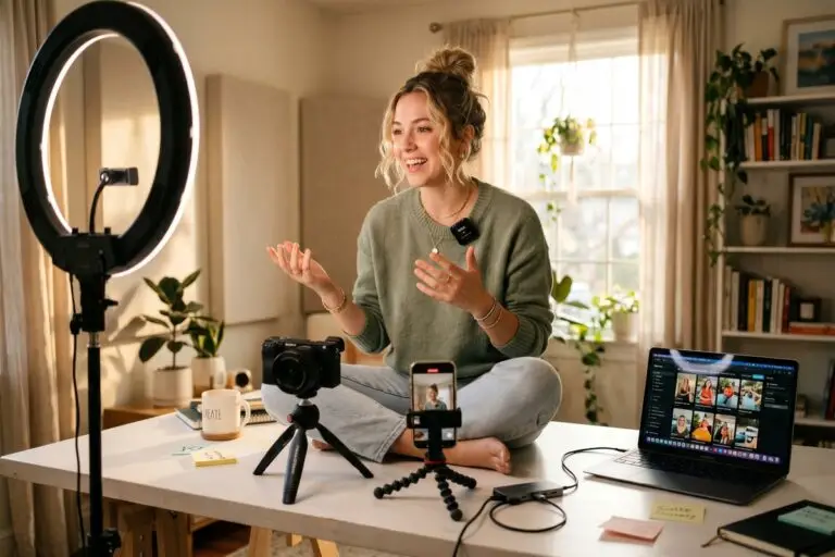 Solo creator reviewing repurposed content strategy on laptop to grow digital reach to 50K followers