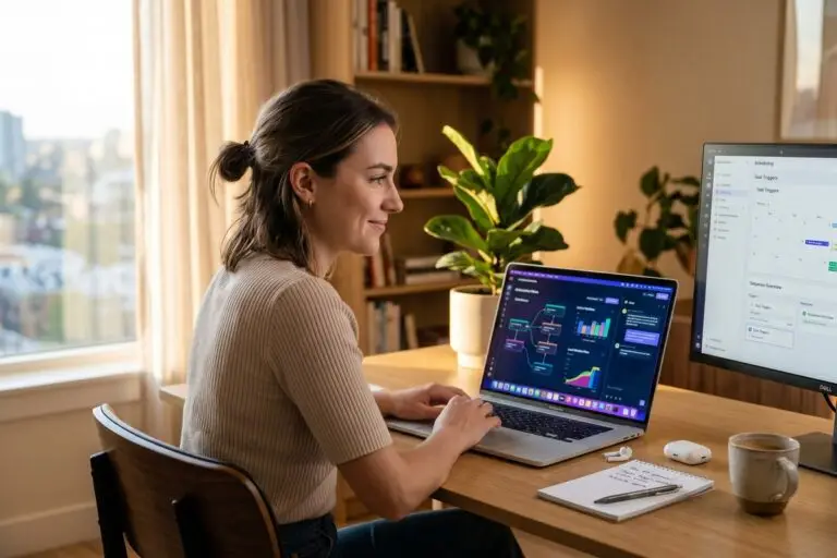 Solo virtual assistant working on laptop using AI automation tools to manage client workflows
