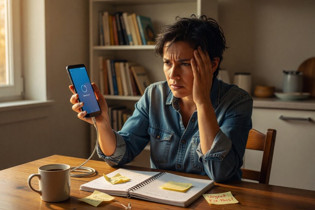Person frustrated with a slow Android phone trying to speed it up