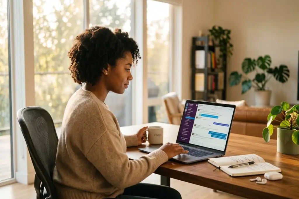 Remote team members using threaded messaging on laptops to replace video meetings