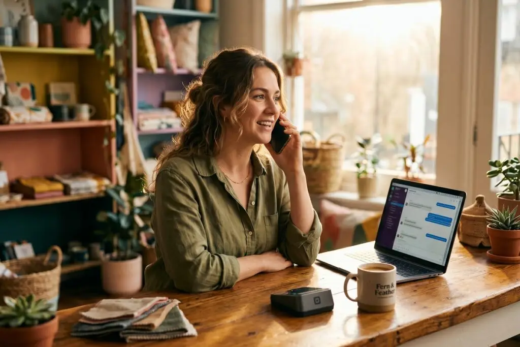 Small business owner using a two-way SMS platform on a laptop for customer support