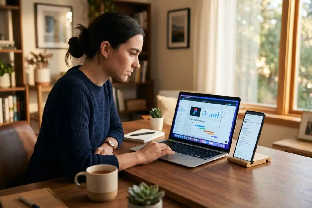 Person using a smartphone as a second monitor beside a laptop on a desk