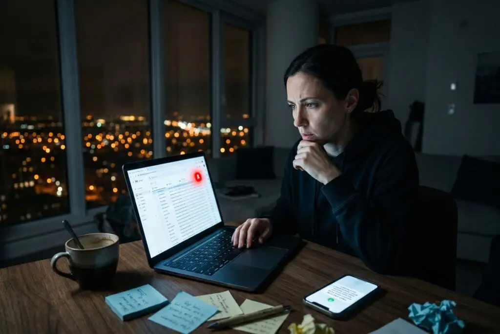 Hacker in dark room exploiting a victim's email address on a computer screen