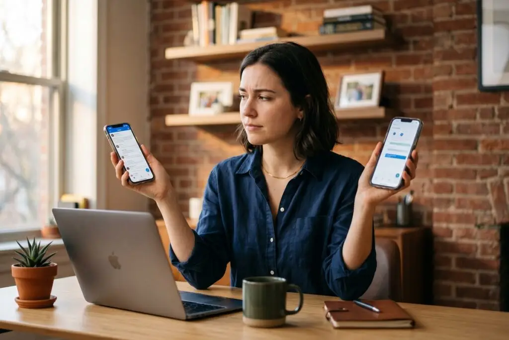 Person holding two smartphones side by side representing work and personal phone separation